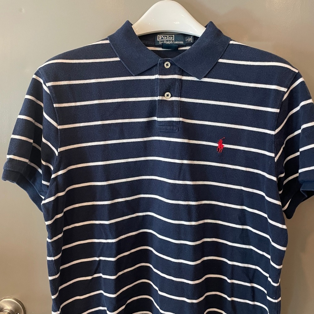 Polo Ralph Lauren Mens Large Custom Fit Striped Polo Shirt Navy Blue White Red